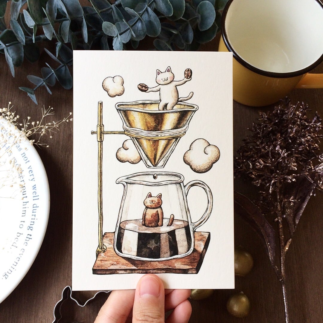 はがきサイズ 猫とコーヒー アートプリント イラスト複製画 Cashew Fafa