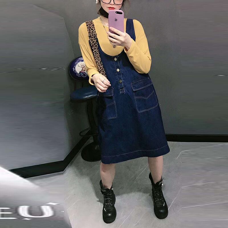 2020年秋新作女性プラスサイズファットmmTシャツデニムストラップワンピースツーピーススーツウエスタンスタイル ミックスインファッション751844430