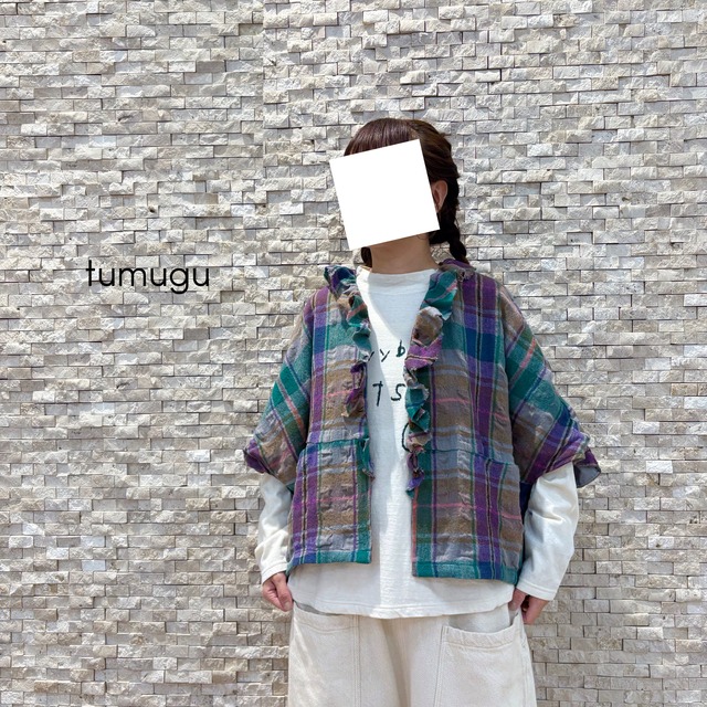 【tumugu】ウールコットンチェック柄ボレロ（TB25340）