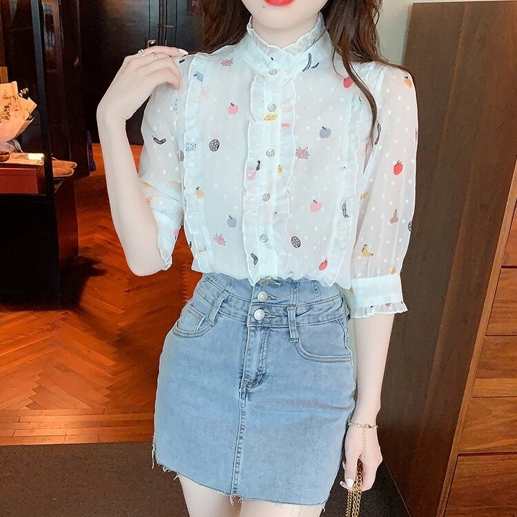 トップス レディース シャツ ブラウス ショート丈 五分袖 パフスリーブ フルーツ 果物 ドット 水玉 シアー スタンドカラー かわいい 大人可愛い きれいめ カジュアル 上品 エレガント 清楚 フェミニン シック おしゃれ 綺麗 ナチュラル こなれ感 ラフ ラブリー キュート ガーリー 抜け感 華やか 存在感 花柄 小花柄 フラワー OL 通勤 学生 通学 デート お出かけ 女子会 休日 春 夏 10代 20代 30代 韓国 着回し 普段使い 体型カバー S M L XL 2XL 送料無料