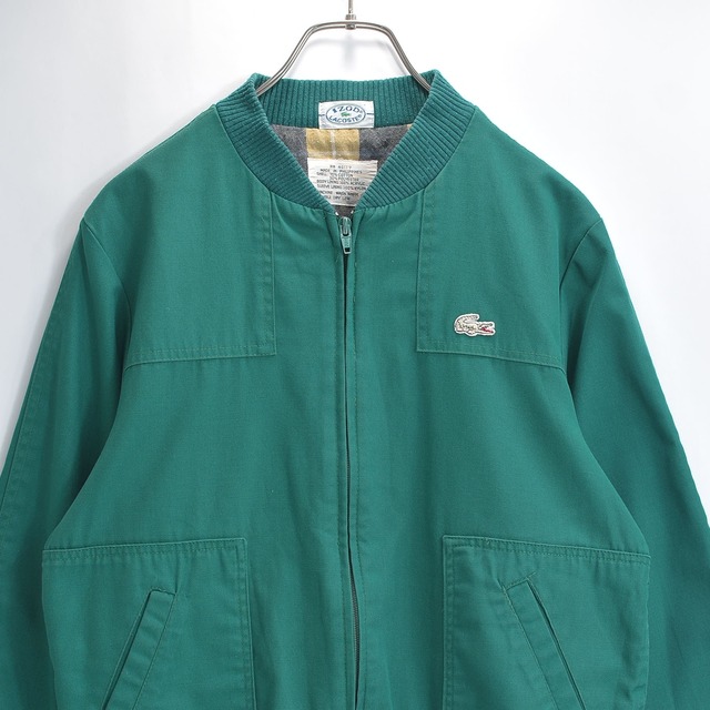 80s IZOD LACOSTE アイゾッドラコステ ブルゾン ワニ刺繍 切替 リブ チェック裏地 スイングトップ ジャンパー グリーン USED ヴィンテージ ビンテージ 古着 レディースM〜サイズ相当