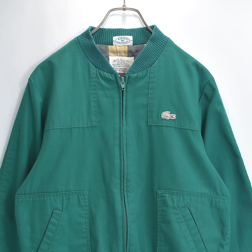 80s IZOD LACOSTE アイゾッドラコステ ブルゾン ワニ刺繍 切替 リブ チェック裏地 スイングトップ ジャンパー グリーン USED ヴィンテージ ビンテージ 古着 レディースM〜サイズ相当
