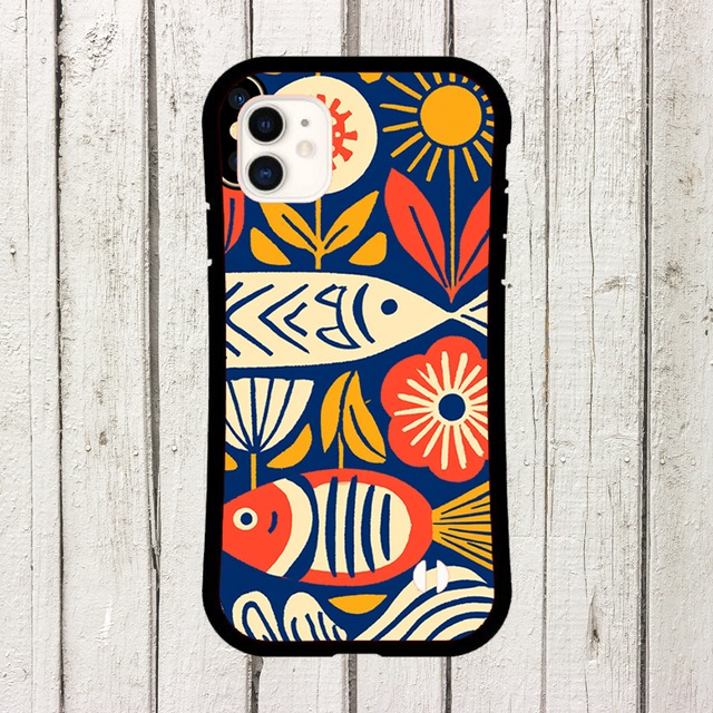 受注生産 iPhoneケース 青い波と魚の民芸柄｜魚モチーフ FMSY089C