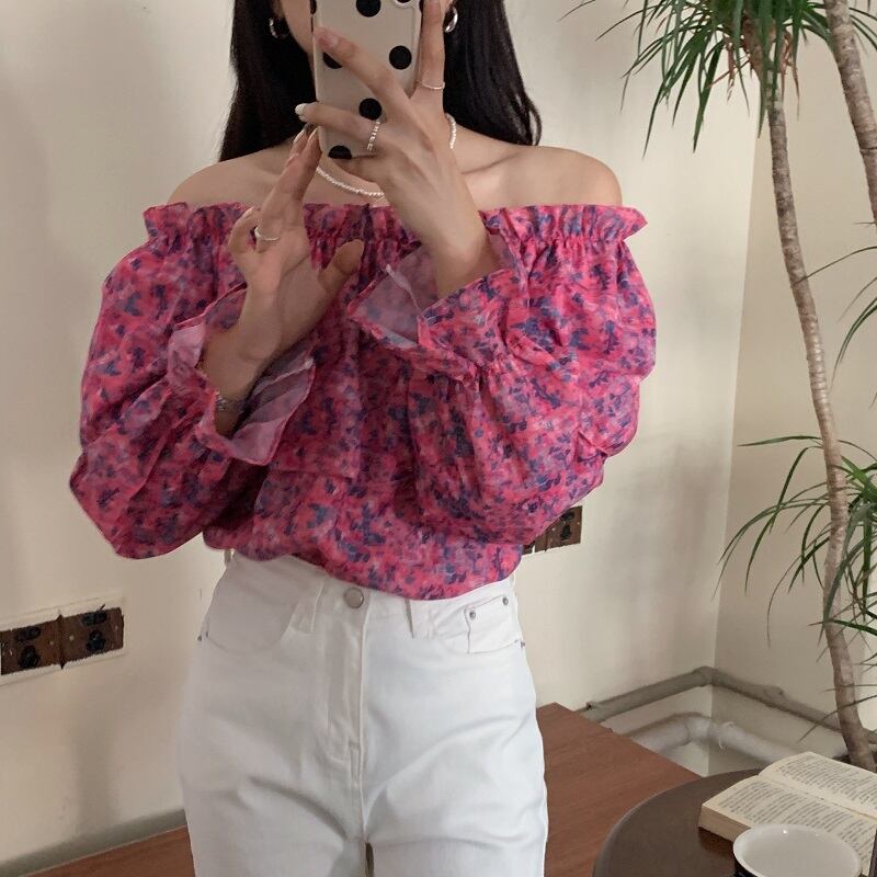 Flowerデザイン カラーショートシャツ レディースサマールーズストラップレススリムトップス 夏物 フラワーデザイン ビッグFスモールZ韓国42217851423