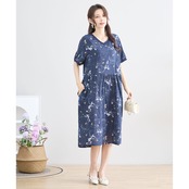 TRUBE Vネックコットンプリントワンピース【M~L】ネイビー