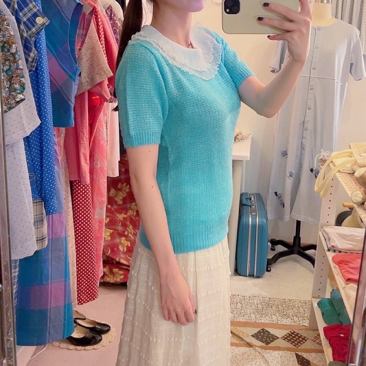 pleats collar peacock green knit po