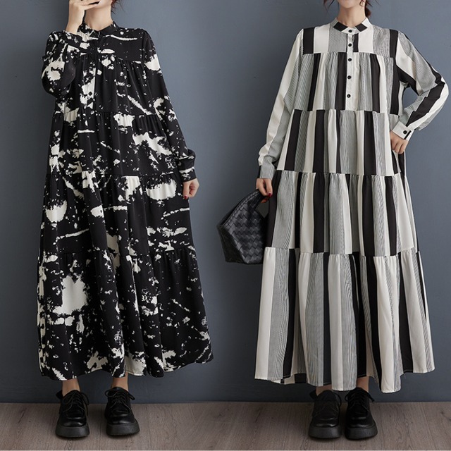 スタンドカラープリントロングワンピース（2色）10965