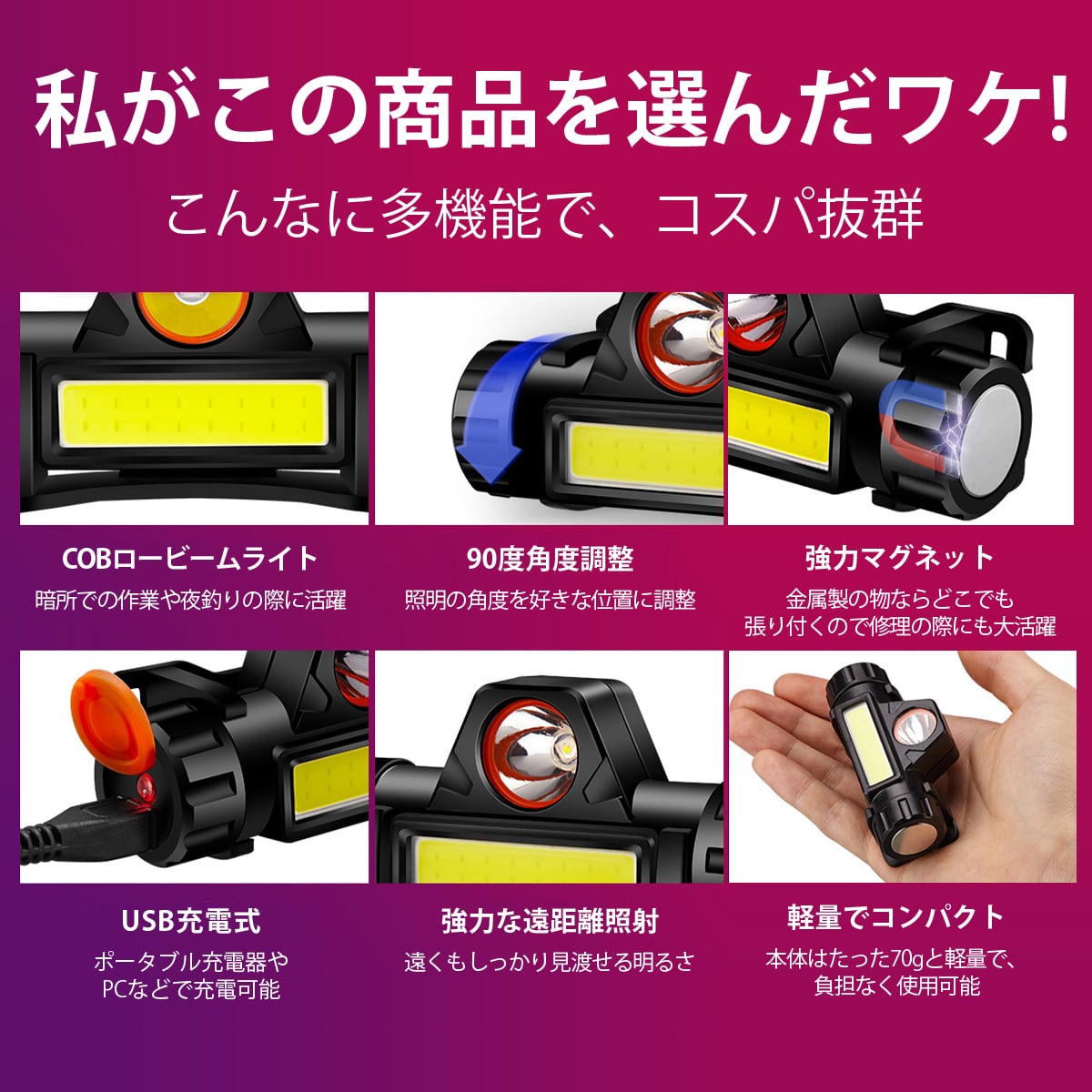 ヘッドライト LED 防水 黒124 USB 防災 軽量 アウトドア キャンプ