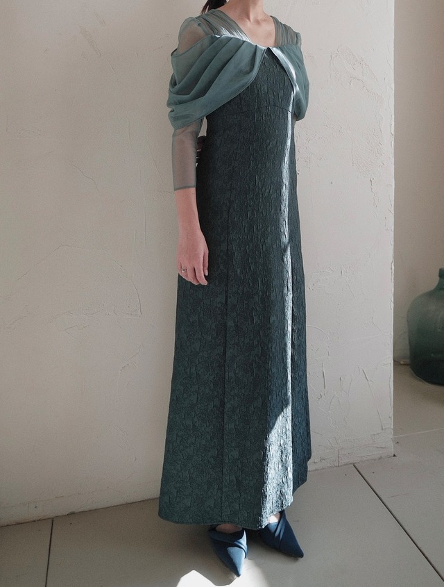Tulle Drape Jacquard Dress / GREEN