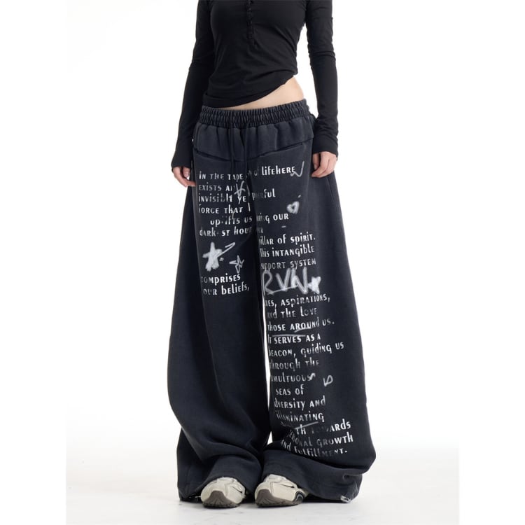 プリント ウエストゴム ワイドレッグ パンツ L00322