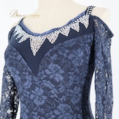 社交ダンス 衣装 スタンダードドレス ドレス ワンピース 紺 高級感 上品 フリル レース お洒落 ネイビー系 パーティ 軽やか 優雅 フェミニン クラシックスタイル