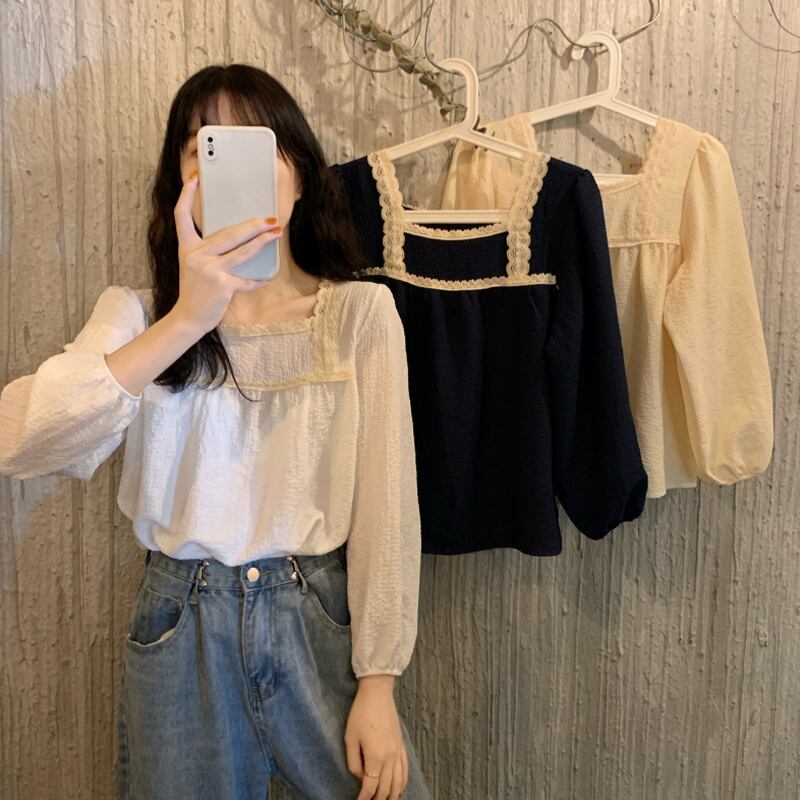 スプリングカラー長袖スリーブシャツ トップス ロング 春物 スクウェア 試着室74479081588