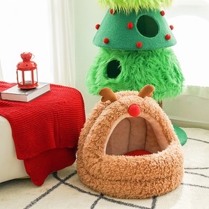 【GOODS】クリスマス風裏起毛立体感あるヘラジカデザイン広い空間柔らかいペットハウス