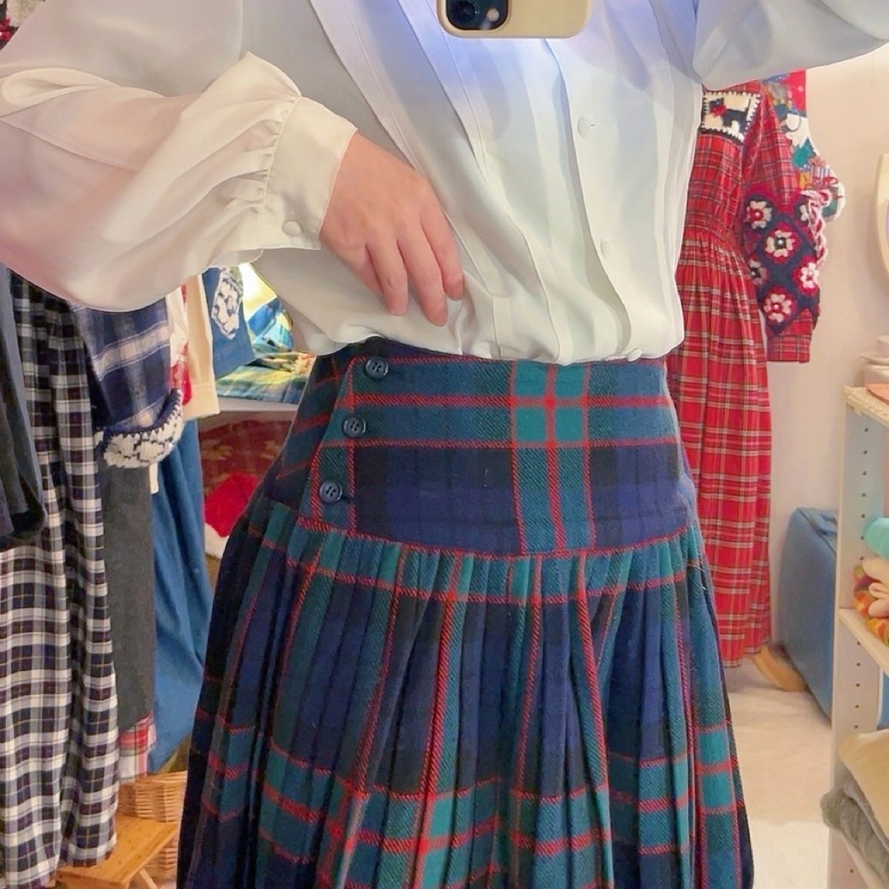 green check pleats mini skirt