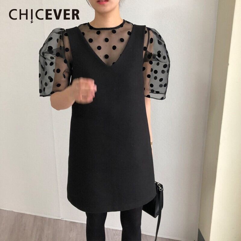 CHICEVER春のツーピースセット女性スーツドットプリントメッシュトップノースリーブタンク膝丈ドレススーツ スプリング 春物 6base560503185856