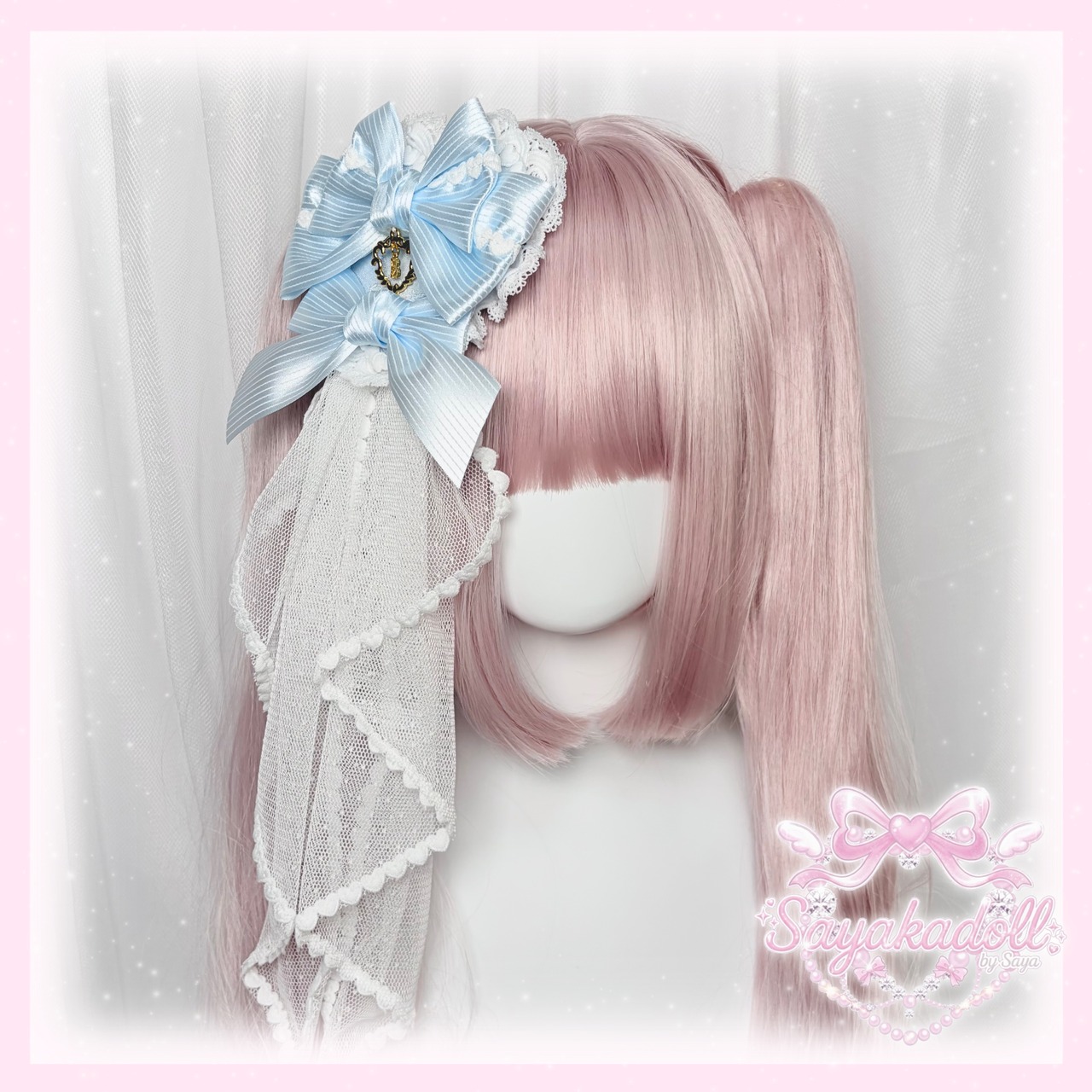 ♡【全3色】MAID ヴェール付き ストライプサテンリボンヘアクリップ white ♡