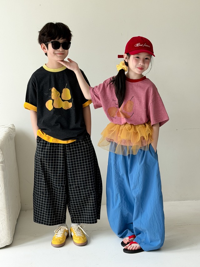 【KID】洋梨プリント配色クルーネック半袖Tシャツ - 17