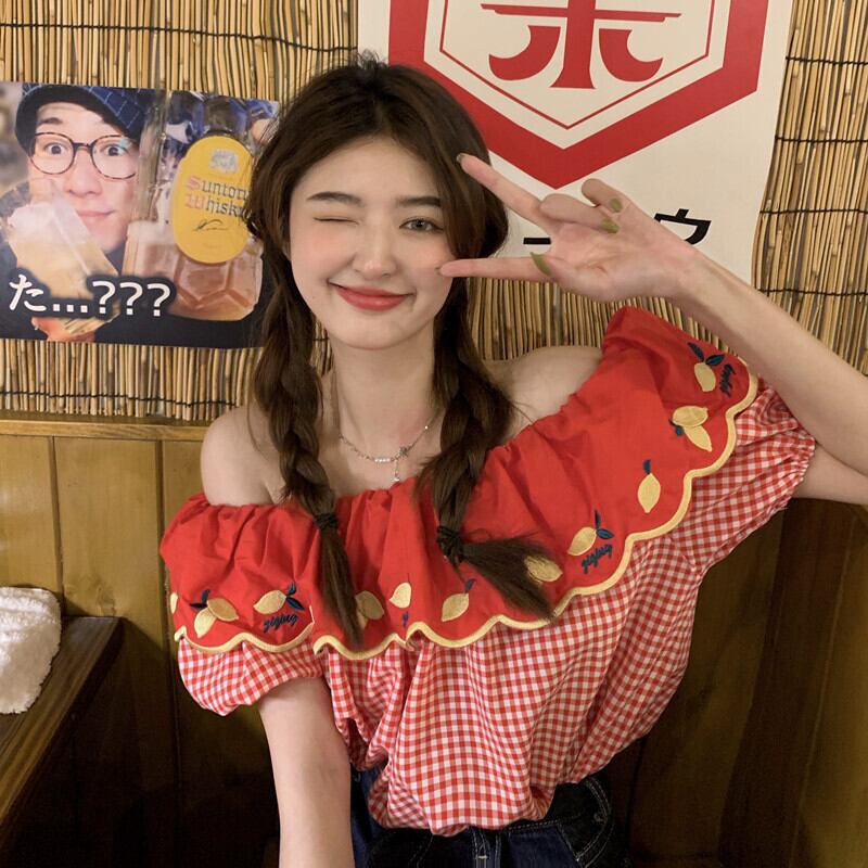 シャツ サマースタンダード刺繍格子柄ルーズ レトロ 夏物 YY-ファッション90795951181