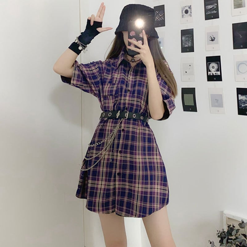 ダーク格子柄シャツ ブラウス スプリングルーズ 春物 パープル 萌量不足19114552494