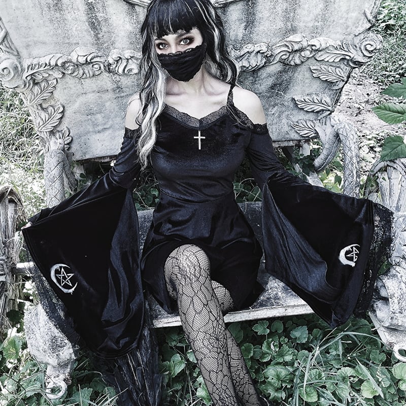 サブカル 服 地雷系 通販 Miub ワンピ ワイドスリーブ 刺繍 五芒星 クロス 十字架 レース 闇かわいいバンギャ