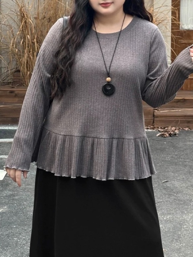 全部隠して綺麗に見せる 裾フリルペプラムリブニット 長袖 大人可愛い 大人ナチュラル きれいめカジュアル 体型カバー 大きいサイズ 韓国 CH11384