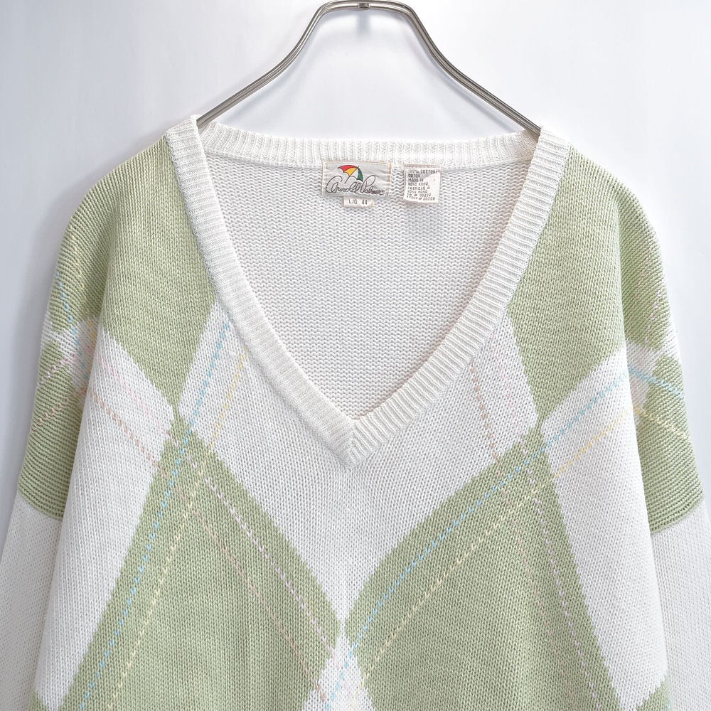 80s~ Arnold Palmer アーノルドパーマー アーガイル柄 コットン Vネック ニット プルオーバー セーター ヴィンテージ ビンテージ 古着 メンズ Lサイズ