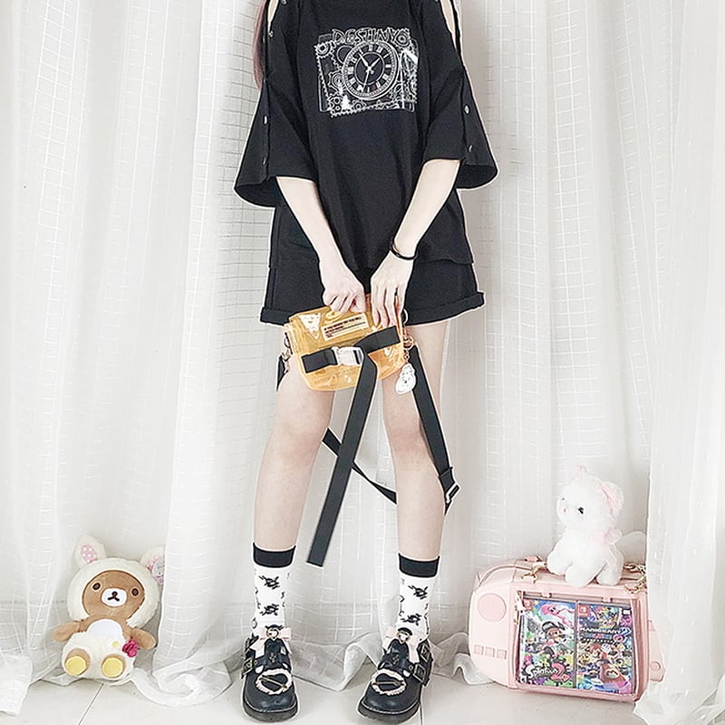 Tシャツ オフショル DESTINY 時計 プリント モノトーン ガーリー 甘め