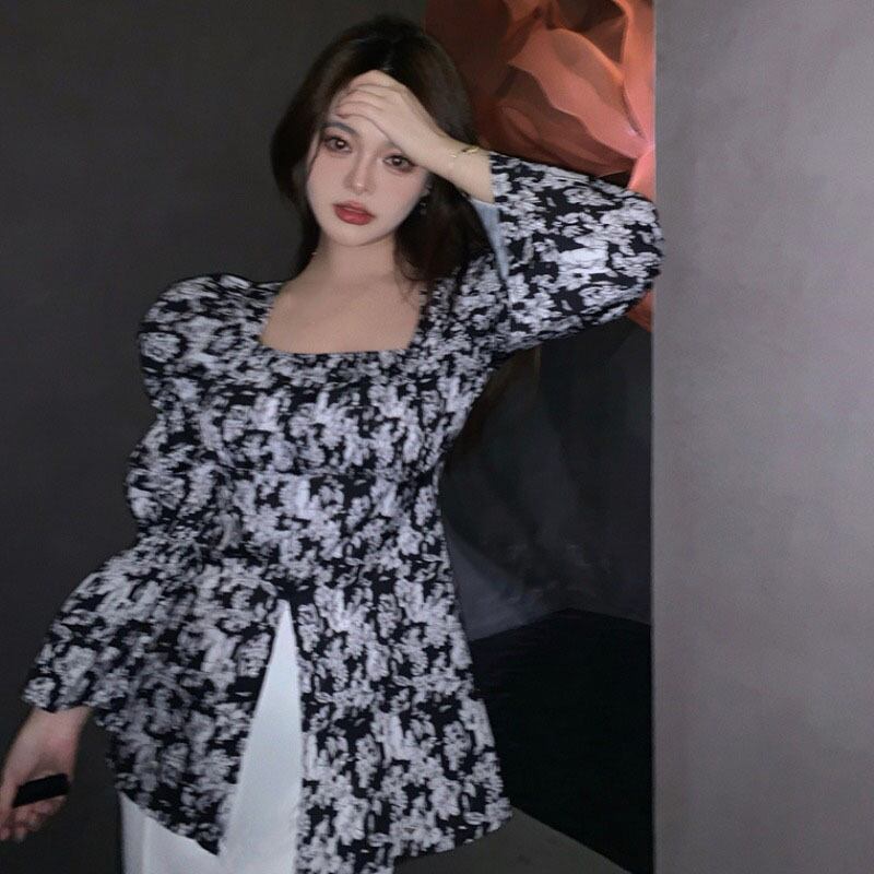 薄手スタンダードフローラルブラウス オータム長袖スリーブシフォンシャツ ロング レトロ 大人ガーリー スウィート キュート カジュアル 秋物 花柄 スクウェア YY-ファッション74440533080