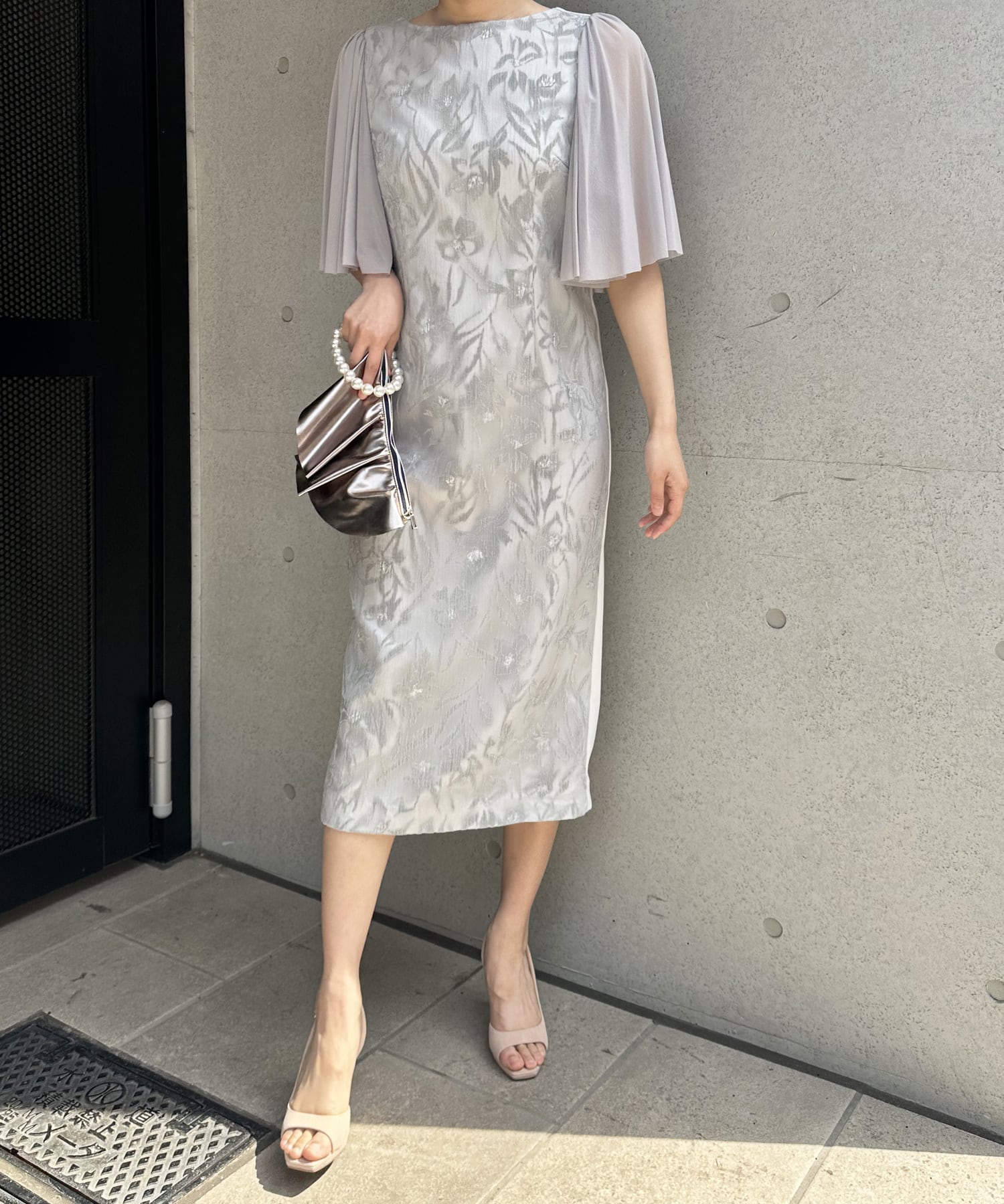 チュール袖フロッキープリントワンピース C/サックス 38 | troisiemechaco
