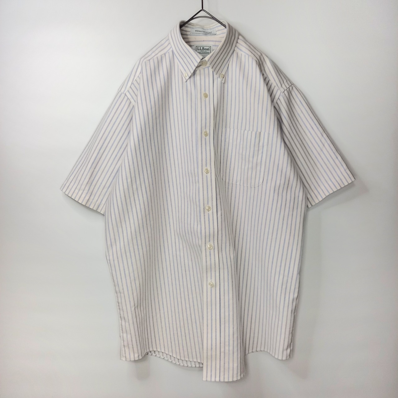 防シワ　エルエルビーン　BDシャツ　半袖　ボタンダウン　ストライプ　無地　白