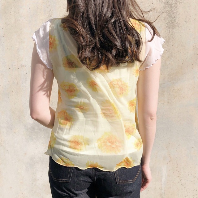 2重袖が可愛い 涼しく着る 花柄シアーブラウス｜ブルー｜画像9