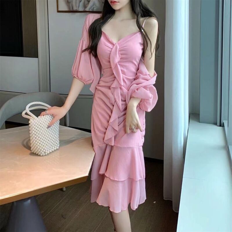 スリーブシフォンドレス ロングオータム ピンク 大人ガーリー スウィート キュート カジュアル 秋物 ハンチェンe26488759353