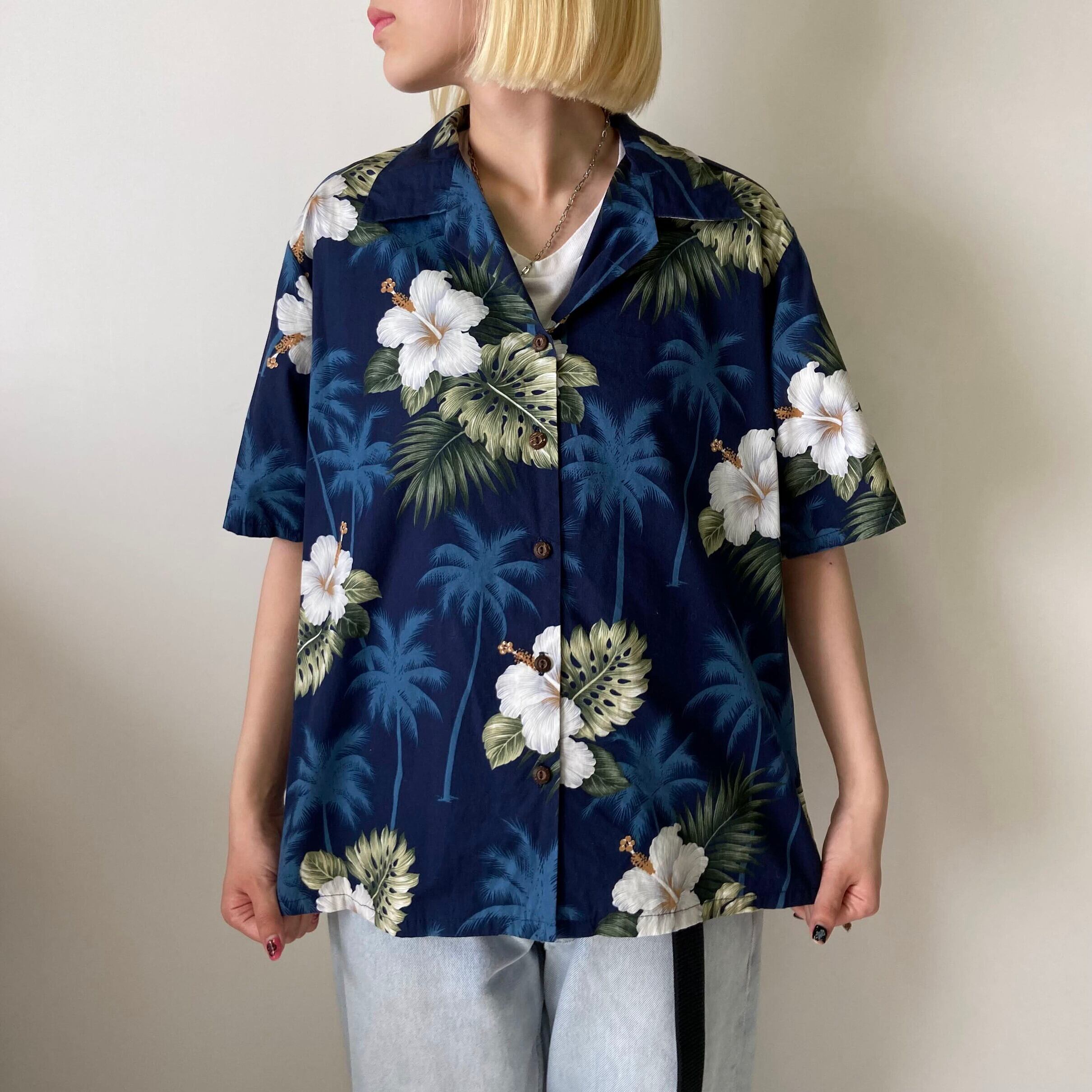 メンズ ハワイアン シャツ アロハ ネイビー 花柄 2XL USA 90s