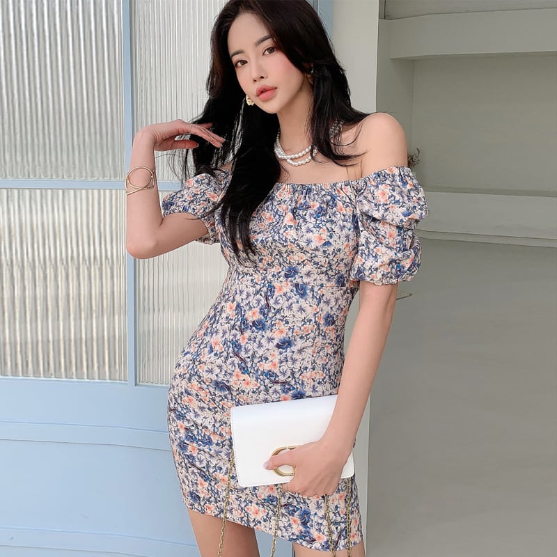 ミニドレス花柄パフスリーブオフショルダーエレガントカワセクシータイトドレスパーティーエレガント WQ2-ZED885751A71