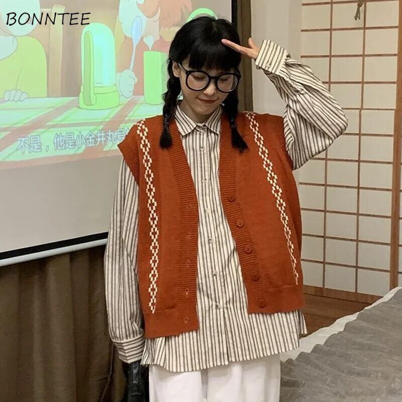 【新作】【送料無料】 オレンジセーターベスト女性幾何学的な韓国スタイルシックトレンディ人気活発なオルオールマッチ大学生ストリート秋イン 0282286634679
