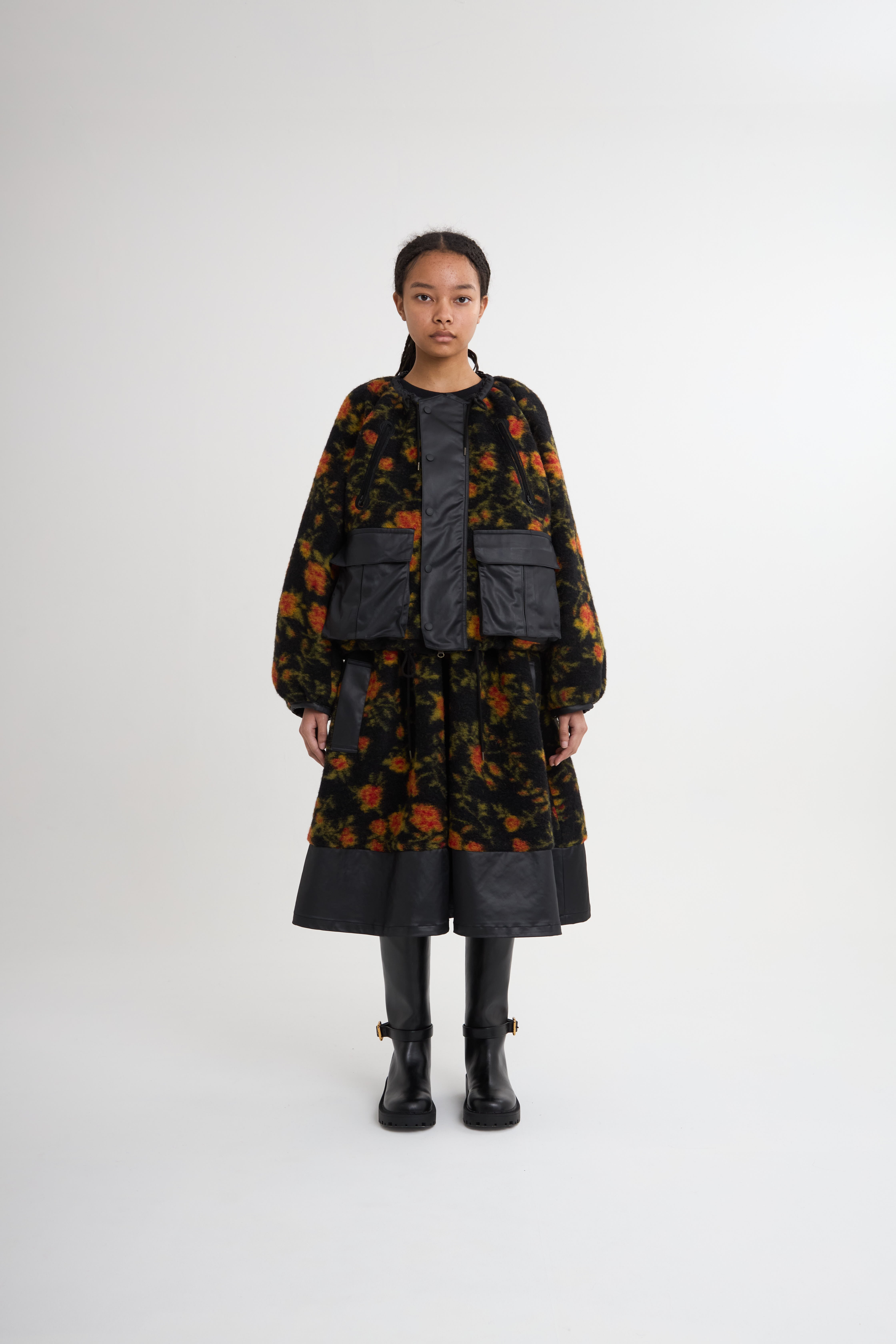 MEGMIURA 2WAY PIN TUCK LEATHER LIKE NYLON MODS COAT BLACK