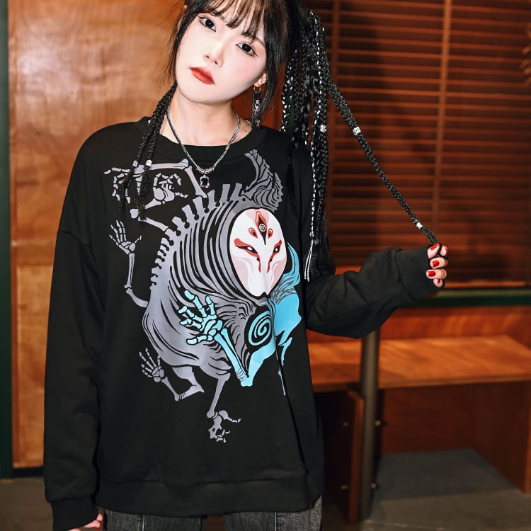 サブカル 服 地雷系 通販 チャイナ風服 チャイナ風服 古怪舎 トレーナー セーター オーバーサイズ 妖怪 スケルトン 闇かわいいサブカル服