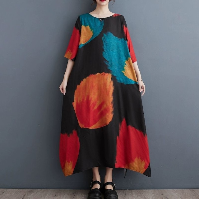 PRINT BOAT NECK 3/4 SLEEVES LONG A-LINE DRESS 1color M-8649