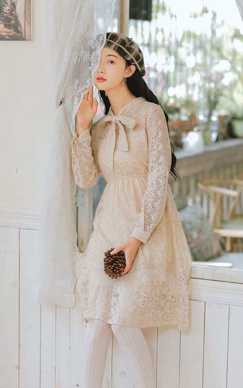 ELEGANT】ワンピース レースワンピース リボン 膝丈 ロング 文芸 