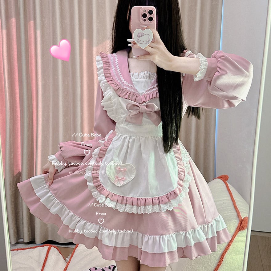 長袖ワンピース セーラー襟 リボン メイドワンピ エプロン JKロリータ