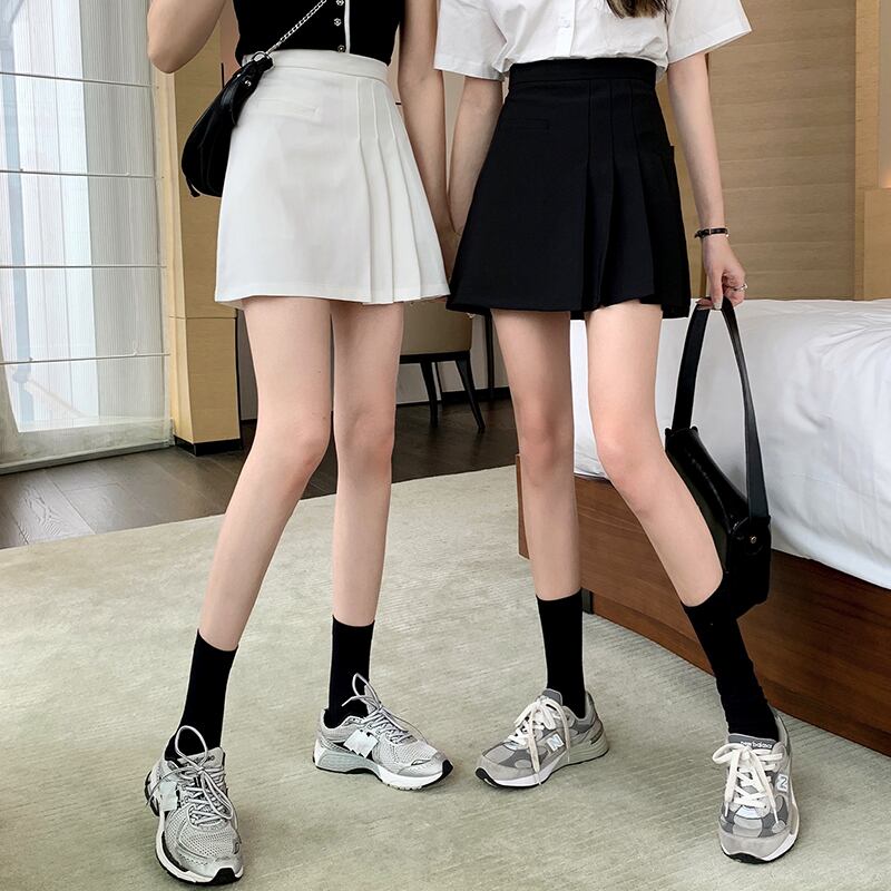 スプリングサマーソリッド カラーハイウェストウェスト薄手Aラインスカート カジュアルショート 春物 夏物 ソリッドカラー 1号婦人10051760679