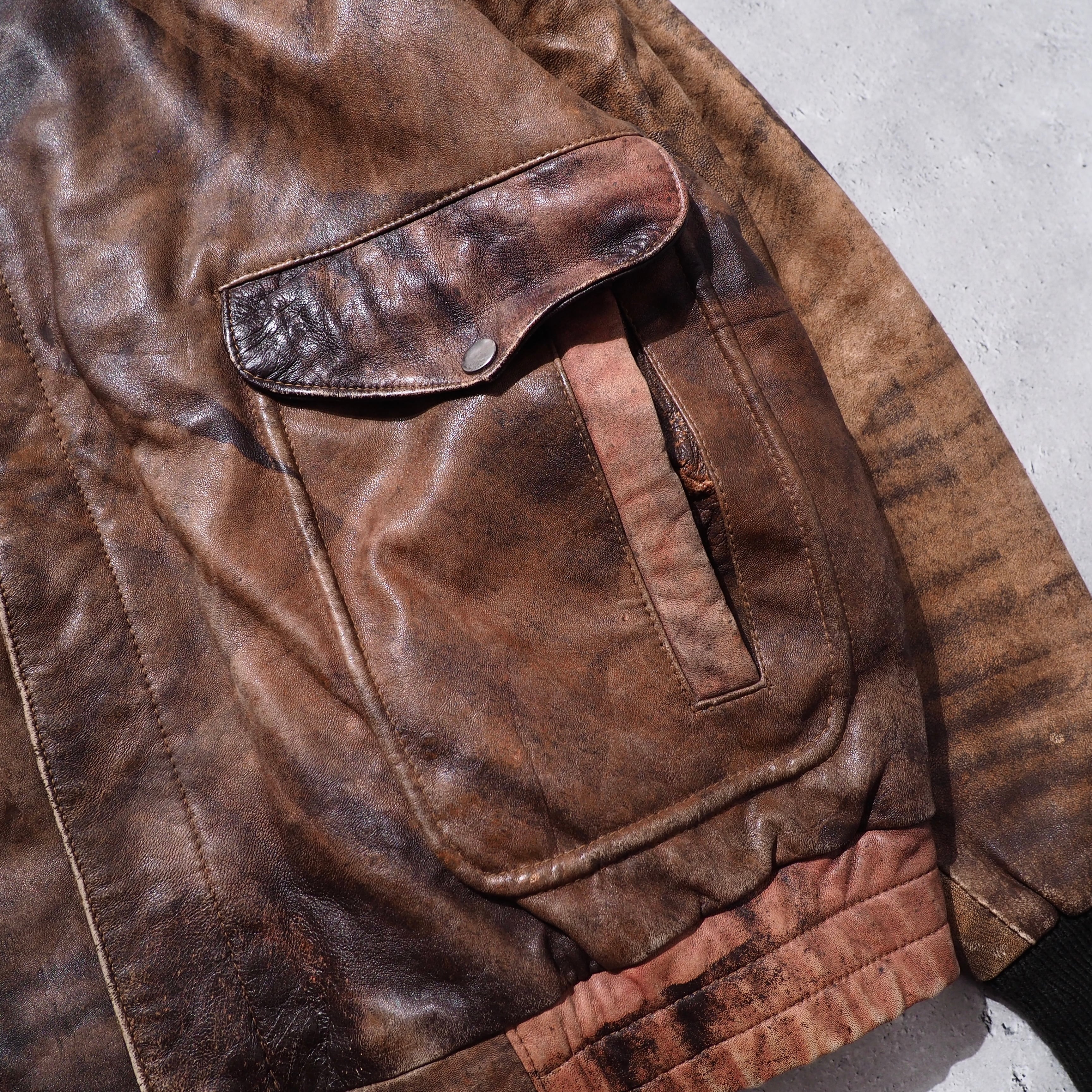 ” Special ” Aging processing Big Pockets vintage leather jacket