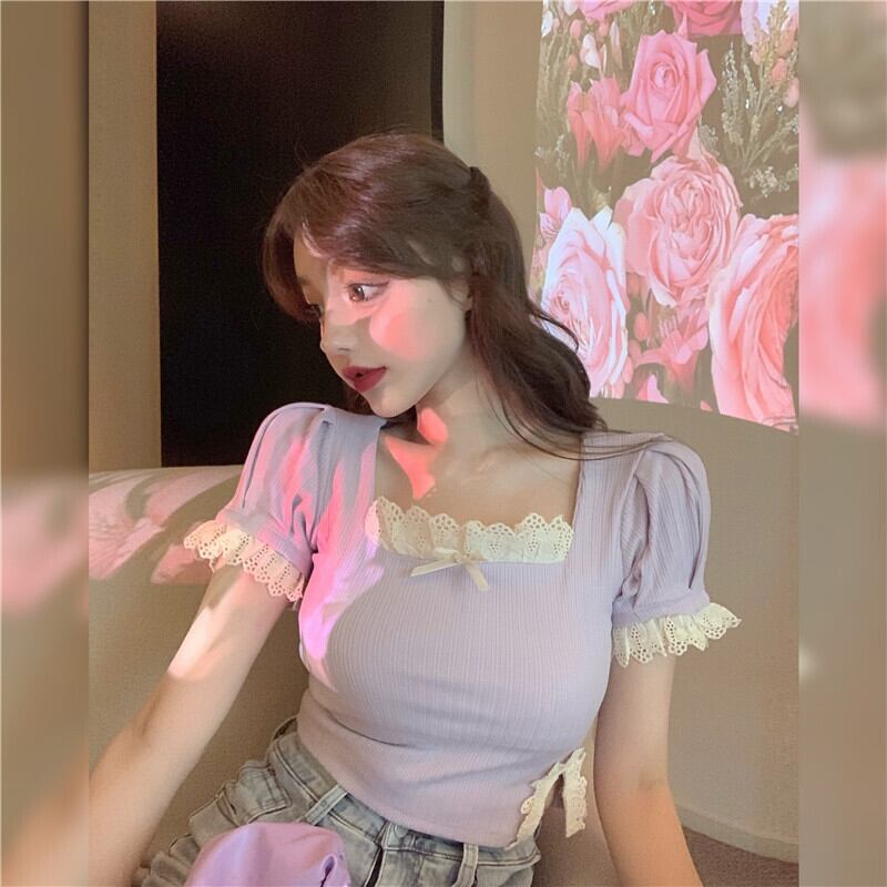 ニットセーター ショートレーススリーブトップス サマースタイル リボン 夏物 スクウェア ステッチ ブラックストロベリース57945796670