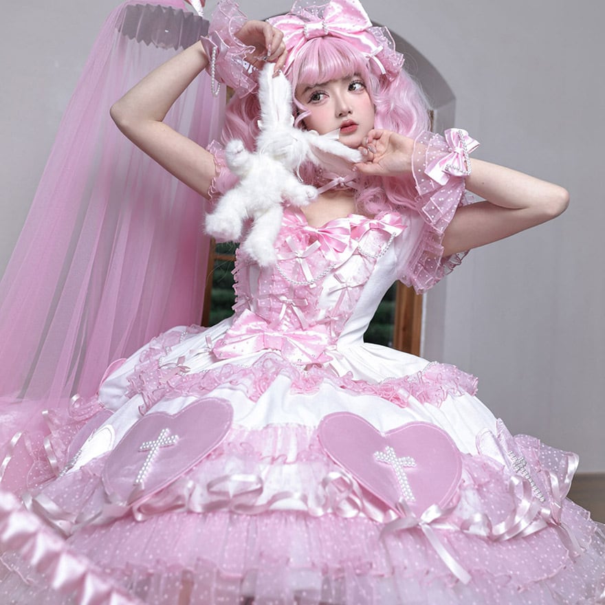 アイドル 衣装 ロリータ ピンク 紫 アイドル衣装 パープル×ピンク 水玉 編み上げリボン オリジナル