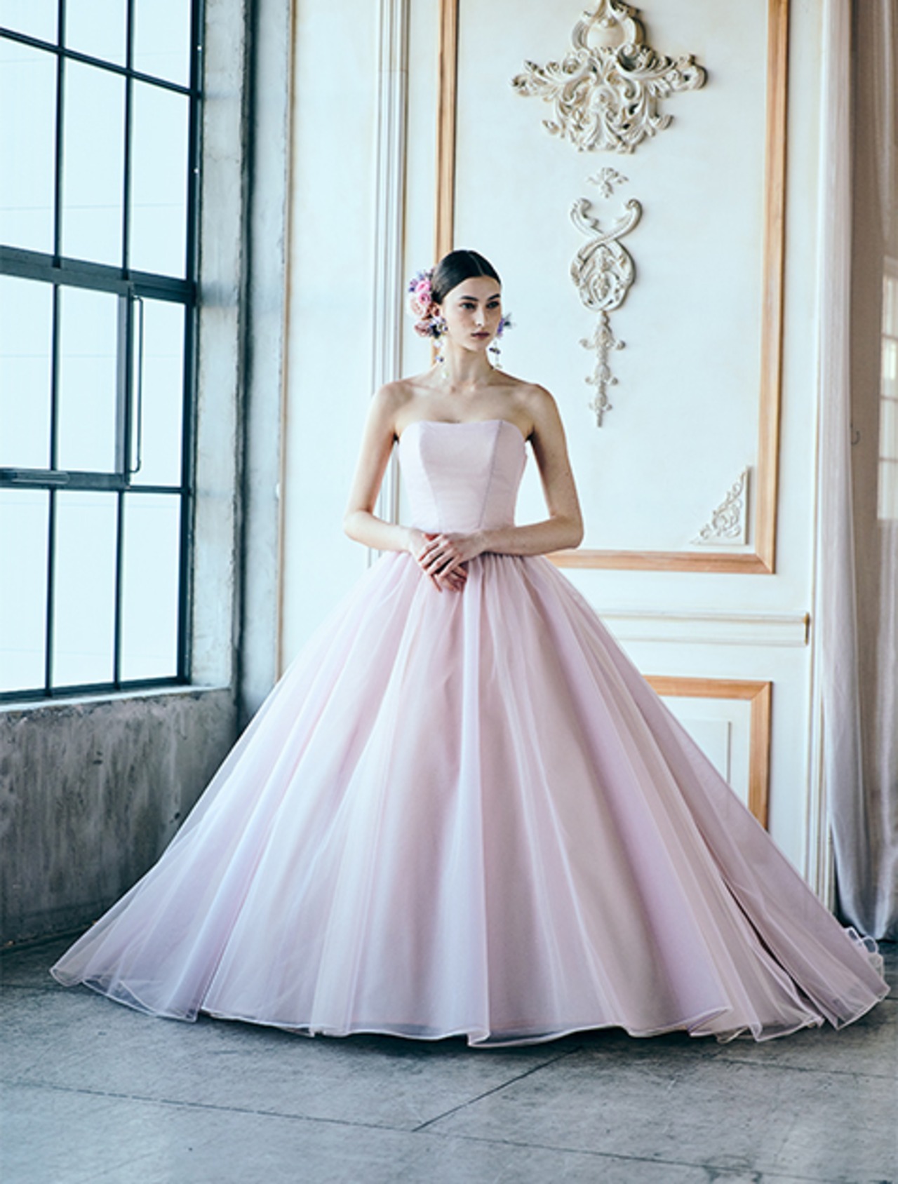 ウエディングドレス カラードレス 薄ピンク ソフトチュール 編み上げ A  