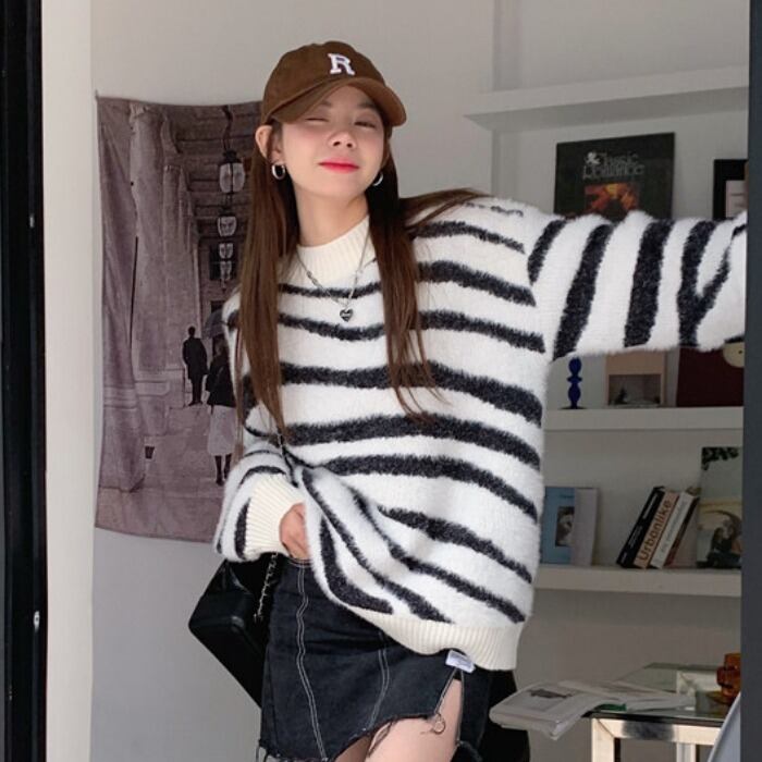 スタンダードスタイルセーター ルーズオータムウィンターストライプトップス レトロ 秋物 冬物 1号婦人10160801919