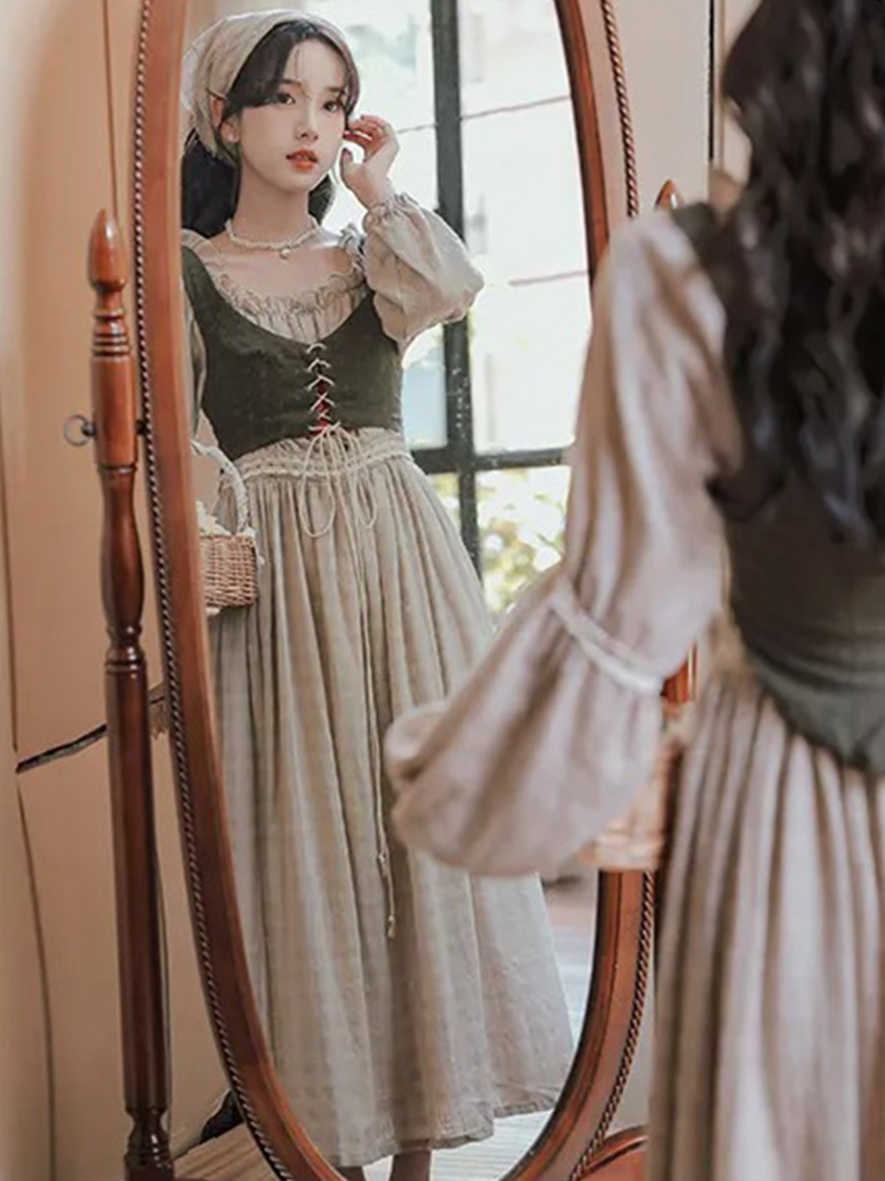 【0120】2sets Check Retro Long Sleeve Dress