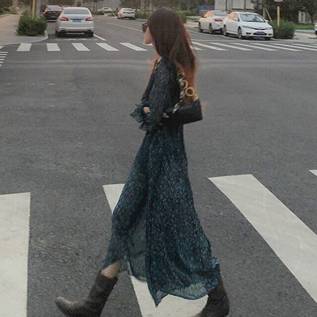 ワンピース レディース シフォンワンピ ロングワンピ シースルー ブルー フラワー 花柄 総柄 かわいい おしゃれ S/M/L/XL