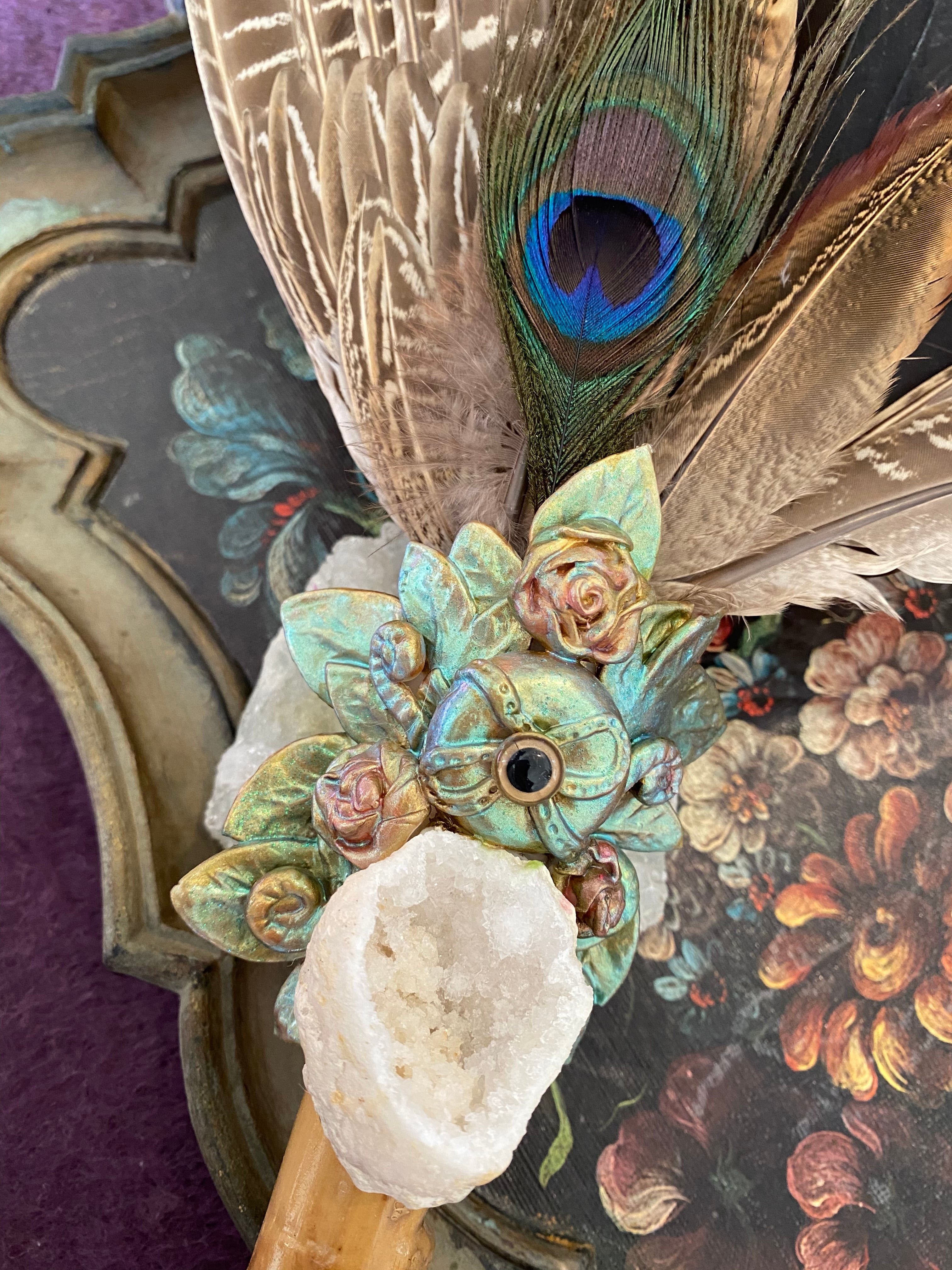 スマッジング　スマッジファン　ワンド 再販!!古代の始祖鳥の夢☆*** 水晶の晶洞石をはめ込んだ美しい