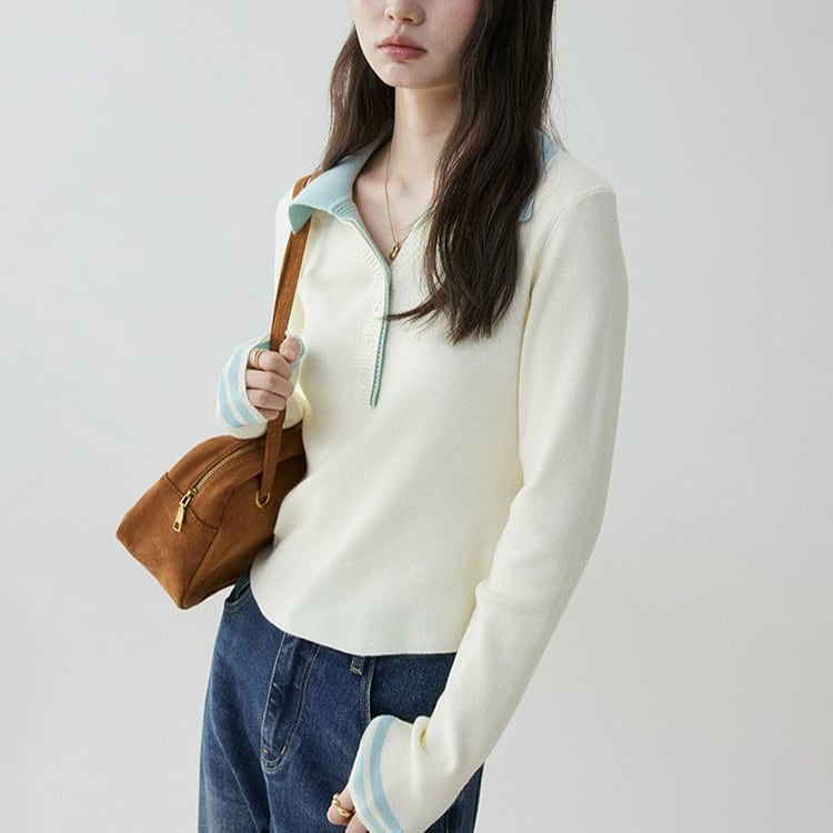 バイカラーデザイン Vネックニットトップス No.6013